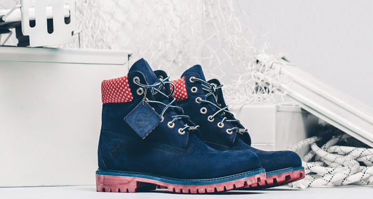 navy blue and red field boots