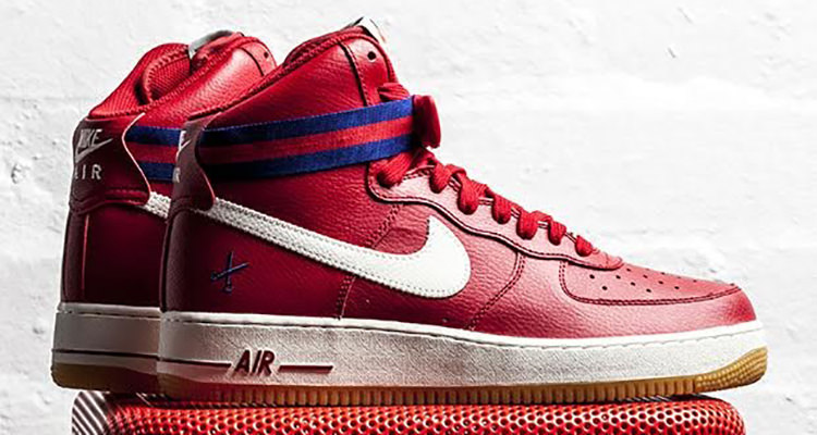 red and white high top air force ones 