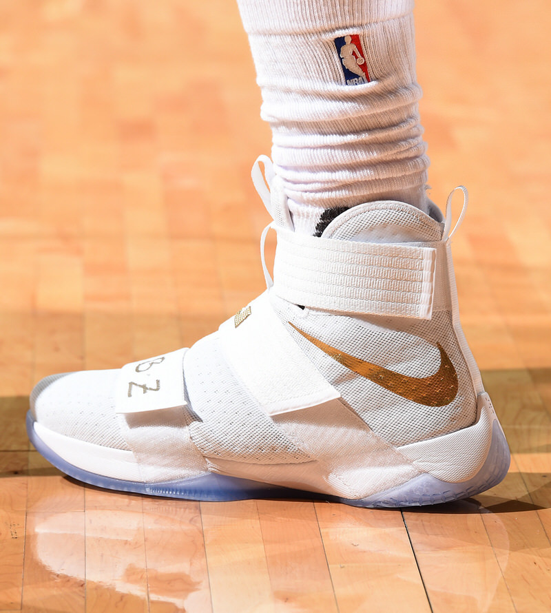 CLEVELAND, OH - JUNE 16: Shoes worn by LeBron James #23 of the Cleveland Cavaliers during the game against the Golden State Warriors during Game Six of the 2016 NBA Finals on June 16, 2016 at Quicken Loans Arena in Cleveland, Ohio. NOTE TO USER: User expressly acknowledges and agrees that, by downloading and/or using this Photograph, user is consenting to the terms and conditions of the Getty Images License Agreement. Mandatory Copyright Notice: Copyright 2016 NBAE (Photo by Andrew D. Bernstein/NBAE via Getty Images)