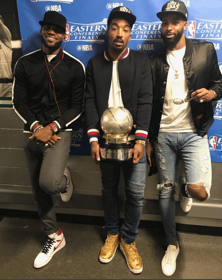 Lebron James in the Air Jordan 1 Retro High OG "Metallic Red" & JR Smith Supreme x NikeLab Air More Uptempo & Tristan Thompson in the Common Projects bid sneakers 