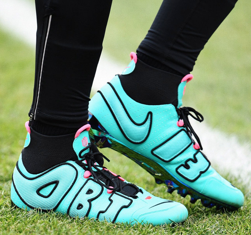 A detail view of the Nike Vapor OBJ Uptempo cleats worn by Odell News  Photo - Getty Images