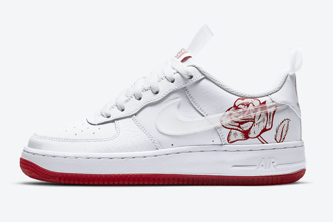 white and red air force 1 with rose